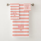 ピンクハートオンライトコーラルピンク&ホワイトストライプのこうもり バスタオルセット (インサイチュ)