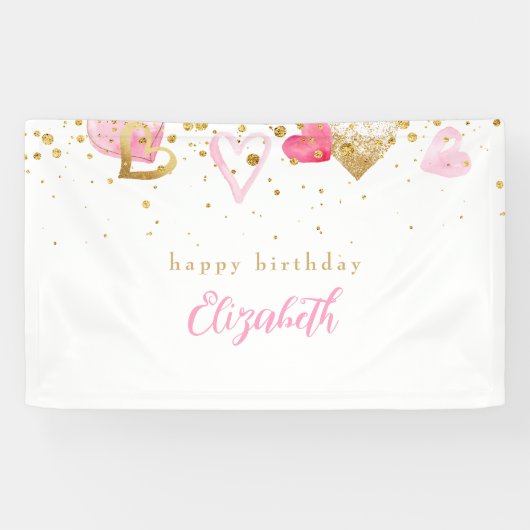 ピンクハートカスタムハート誕生日 横断幕 (横)