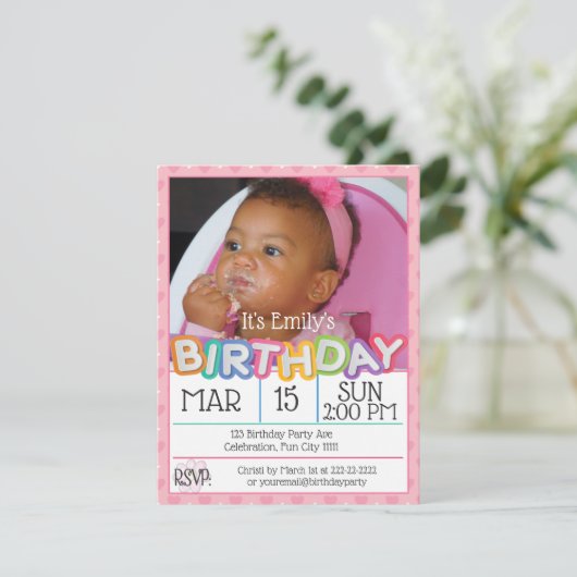 ピンクハートカスタムフォト誕生日 招待状 (スタンド正面)