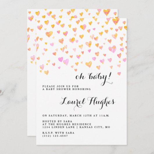 ピンクハートガールベビーシャワー招待状 招待状 (正面/裏面)