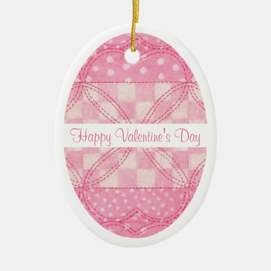 ピンクハートキルトバレンタインセラミックオーバルオーナメント セラミックオーナメント (正面)