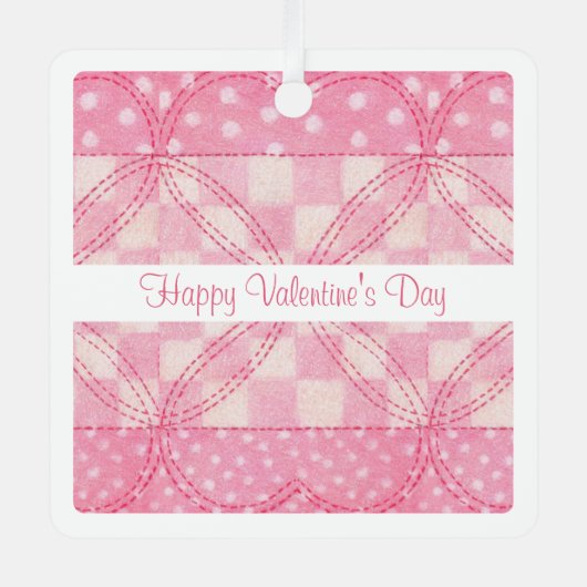 ピンクハートキルトバレンタインメタルスクエアオーナメント メタルオーナメント (正面)
