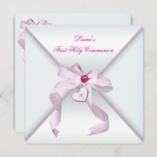 ピンクハートクロスガールズピンク第1聖餐式 招待状 (正面/裏面)