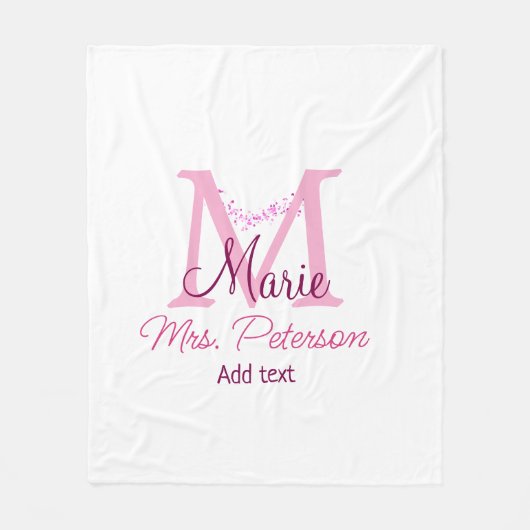 ピンクハートグリッターモノグラム先生ミセスモダンギ フリースブランケット (正面)