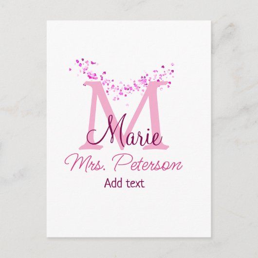 ピンクハートグリッターモノグラム先生ミセスモダンギ ポストカード (正面)