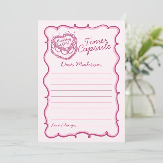 ピンクハートコケットさくらんぼケーキタイムカプセル 招待状 (スタンド正面)