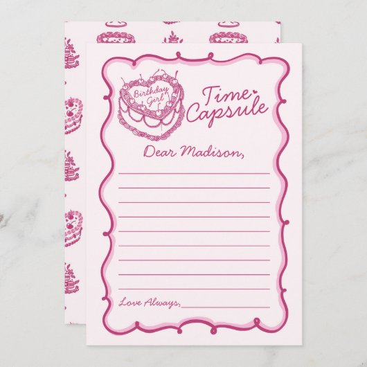 ピンクハートコケットさくらんぼケーキタイムカプセル 招待状 (正面/裏面)