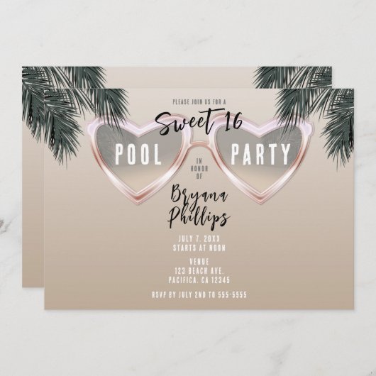 ピンクハートサングラスシック甘い16プールパーティー 招待状 (正面/裏面)