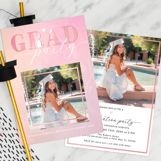 ピンクハートスクリプト卒業パーティー招待状 招待状