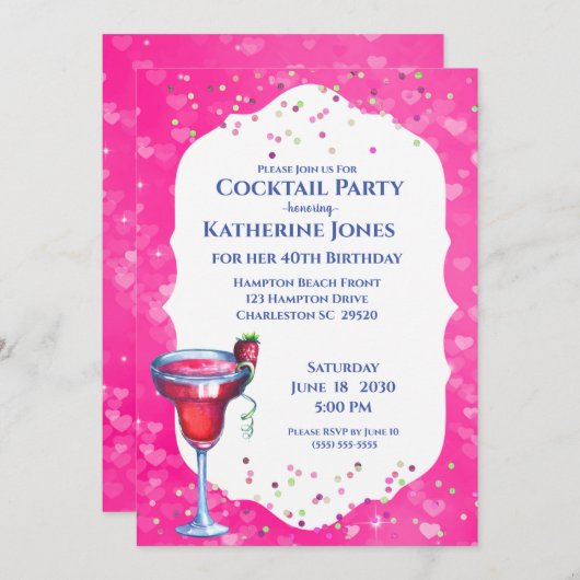 ピンクハートダイキリ誕生日カクテルパーティー 招待状 (正面/裏面)