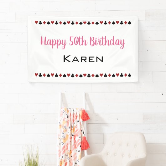 ピンクハートダイヤモンドスペードクラブカジノ誕生日 横断幕 (インサイチュ)