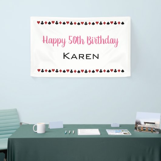 ピンクハートダイヤモンドスペードクラブカジノ誕生日 横断幕 (トレードショー)