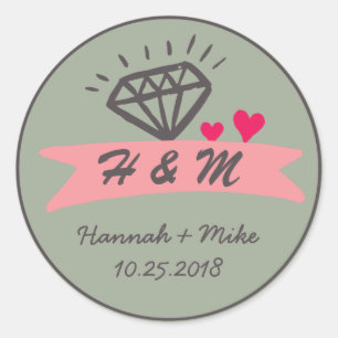 ピンクハートダイヤモンド結婚式の引き出物モノグラムシール ラウンドシール