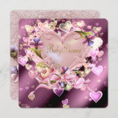 ピンクハートダマスクベビーガールシャワー 招待状 (正面/裏面)