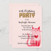 ピンクハートネコ金ゴールドグリッター誕生日 招待状 (正面/裏面)