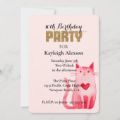 ピンクハートネコ金ゴールドグリッター誕生日 招待状 (正面)