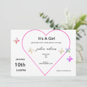 ピンクハートバタフライの女の子のベビーシャワー招待状 招待状 (スタンド正面)