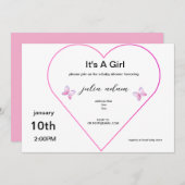 ピンクハートバタフライガールベビーシャワー招待状 招待状 (正面/裏面)