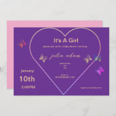 ピンクハートバタフライガールベビーシャワー招待状 招待状 (正面/裏面)