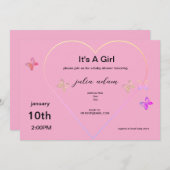 ピンクハートバタフライガールベビーシャワー招待状 招待状 (正面/裏面)