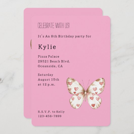 ピンクハートバタフライ誕生日 招待状 (正面/裏面)
