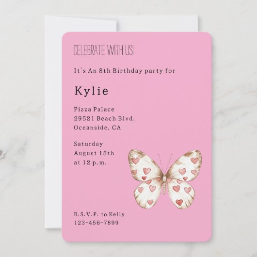 ピンクハートバタフライ誕生日 招待状 (正面)