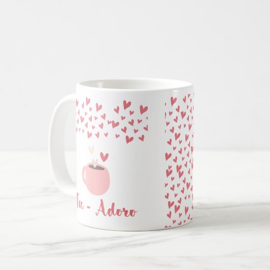 ピンクハートバックグラウンドティー – アドロコーヒー コーヒーマグカップ (正面左)