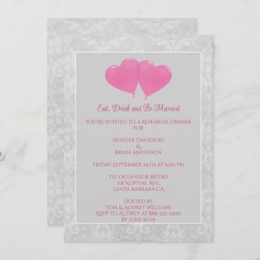 ピンクハートバルーンのリハーサルディナー招待状 招待状 (正面/裏面)