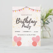 ピンクハートバルーンの誕生日パーティー招待状 招待状 (スタンド正面)