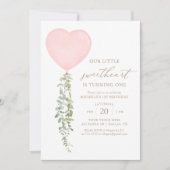 ピンクハートバルーンユーカリプトゥスガール誕生日 招待状 (正面)