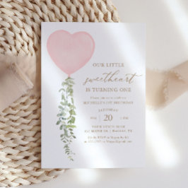 ピンクハートバルーンユーカリプトゥスガール誕生日 招待状