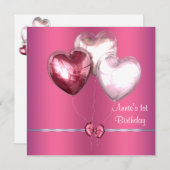 ピンクハートバルーン女の子1st誕生日パーティー 招待状 (正面/裏面)