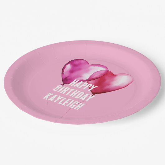 ピンクハートバルーン誕生日 ペーパープレート (アングル)