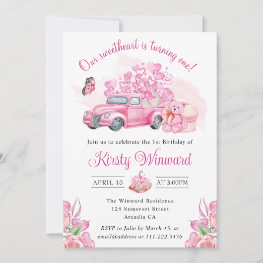 ピンクハートバルーン バレンタイン トラック 1歳の誕生日 招待状 (正面)