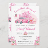 ピンクハートバルーン バレンタイン トラック 1歳の誕生日 招待状 (正面/裏面)