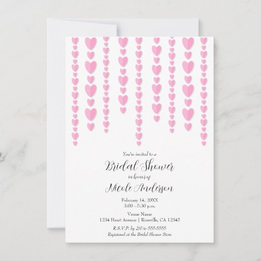 ピンクハートバレンタインカップルのブライダルシャワー 招待状 (正面)