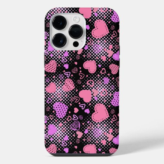 ピンクハートパターン01黒BG iPhoneケース (裏面)