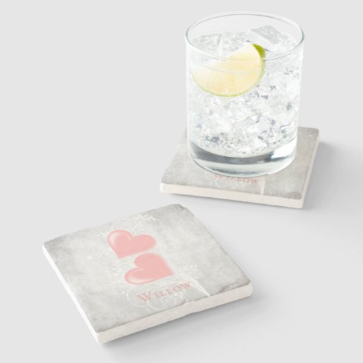 ピンクハートパーソナライズされたストーンコースター ストーンコースター (横)