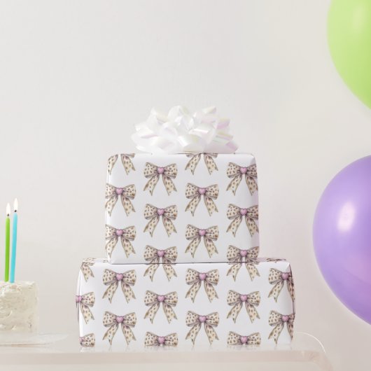 ピンクハートヒョウ柄ガーリーボウお誕生日おめでとう ラッピングペーパー (パーティーギフト)