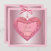 ピンクハートピンクスウィート16誕生日パーティー 招待状 (正面/裏面)