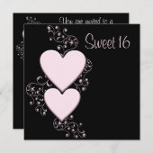 ピンクハートピンクブラックスウィート16誕生日パーティー 招待状 (正面/裏面)