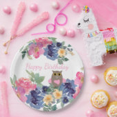 ピンクハートフクロウフローラ水彩ハッピーバースデー ペーパープレート (パーティー)