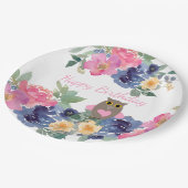 ピンクハートフクロウフローラ水彩ハッピーバースデー ペーパープレート (アングル)