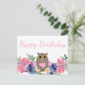 ピンクハートフクロウフローラ水彩ハッピーバースデー ポストカード (スタンド正面)