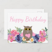ピンクハートフクロウフローラ水彩ハッピーバースデー ポストカード (正面/裏面)