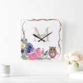 ピンクハートフクロウフローラ水彩リースモノグラム スクエア壁時計 (ホーム)