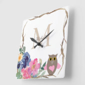 ピンクハートフクロウフローラ水彩リースモノグラム スクエア壁時計 (傾斜)