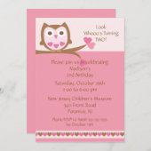 ピンクハートフクロウ子供の誕生日招待状 招待状 (正面/裏面)