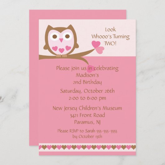 ピンクハートフクロウ子供の誕生日招待状 招待状 (正面/裏面)