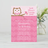 ピンクハートフクロウ子供の誕生日招待状 招待状 (スタンド正面)